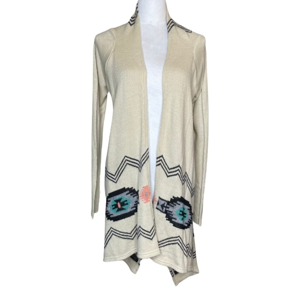 California Gypsy Southwestern Aztec Open Front Cardigan Duster Black Cream L - Picture 2 of 8